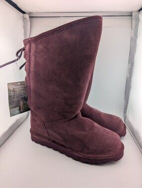 Bearpaw Women's Size 7 Phylly Suede Boots Wine Mauve Tall Angled Top Shearling
